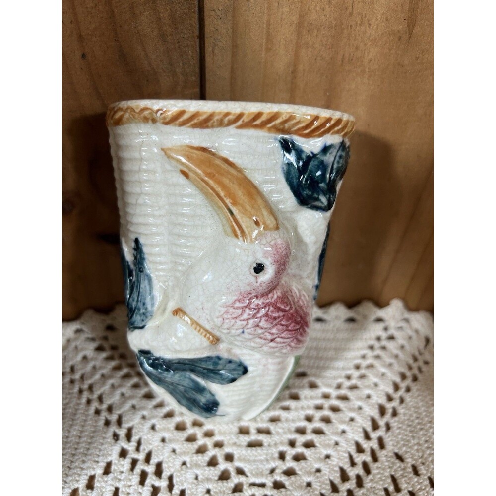 Vintage Majolica Style Cockatoo Wall Pocket Ceramic Parrot Hanging Planter Vase